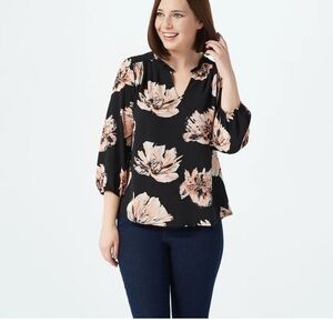 NWT Gibson Ruffle Neck Pleated Top Black/Neutral/pink‎ floral medium